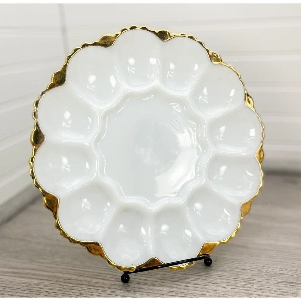 Anchor Hocking Milk Glass Gold Rim Deviled Egg Tray/Platter